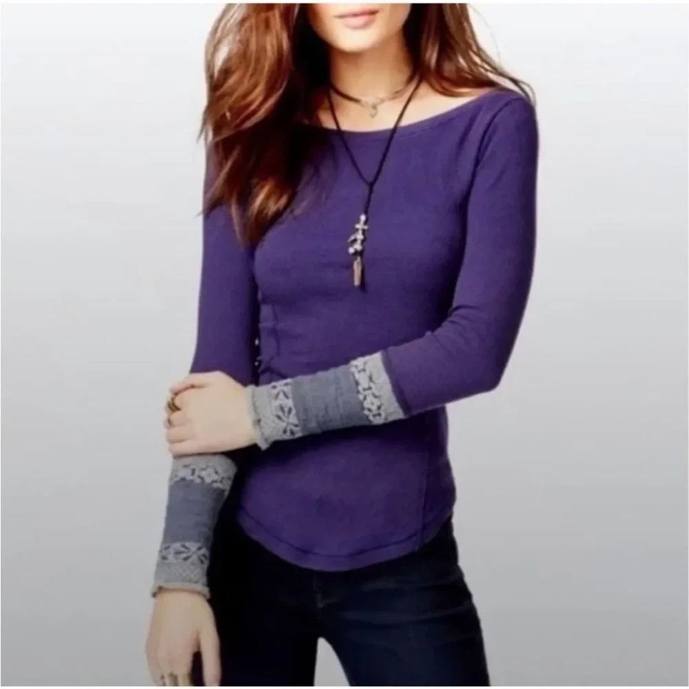 FREE PEOPLE Purple Newbie Rosy Cuff Statement Sleeve Thermal Top SIZE LARGE